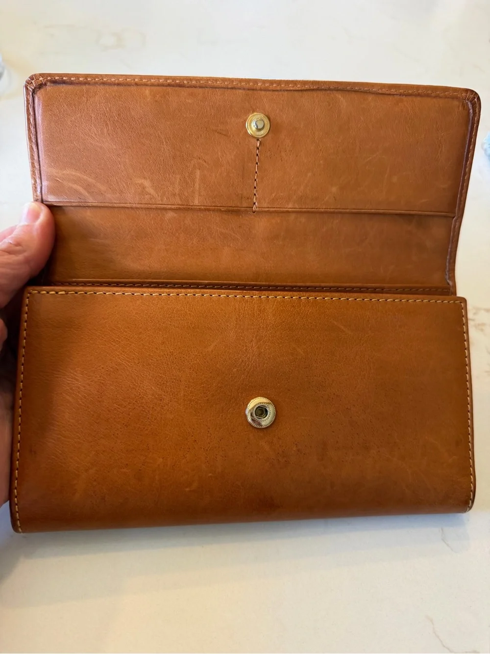 Dooney & Bourke Cognac Leather Tri Fold Wallet with Whipstitch Trim